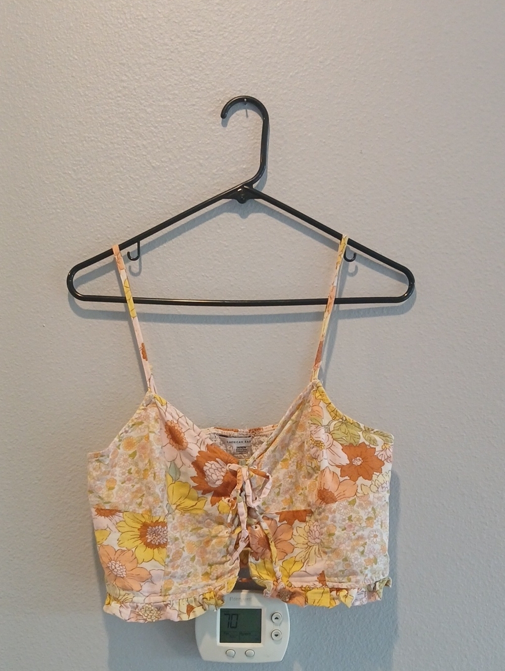 American Eagle Outfitters Floral Lace-Up Crop Tank - Yellow & Orange Medium Boho